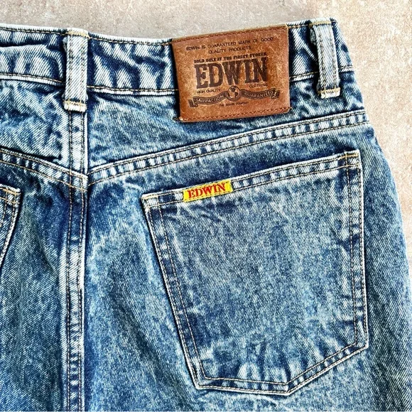 Vintage 80s EDWIN Acid Wash Blue Denim Jeans High Rise Straight Leg Raw Hem 32” - Picture 8 of 13